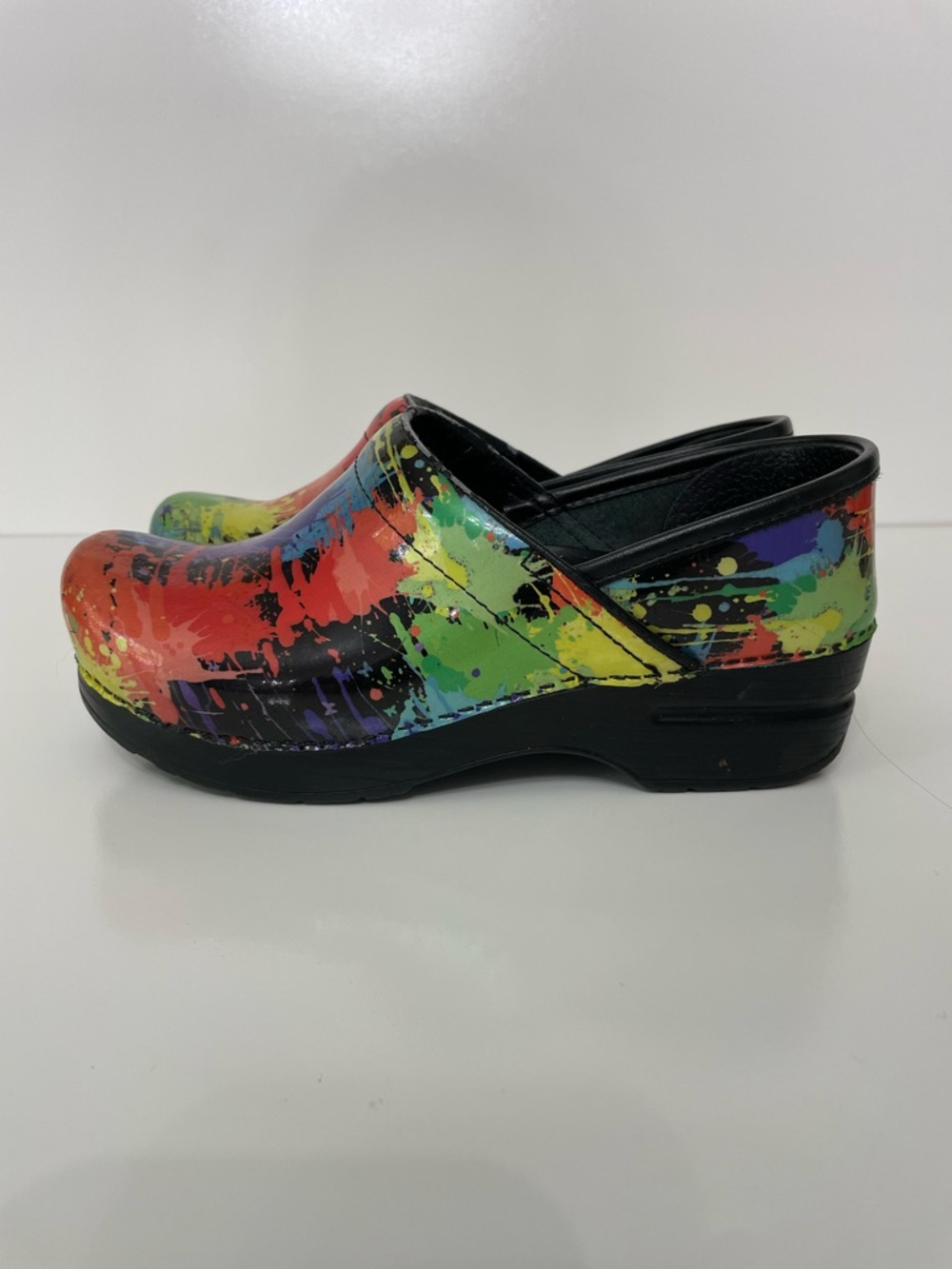 Dansko Professional Shiny Rainbow Paint Splatter Clogs, size 37 (see note)